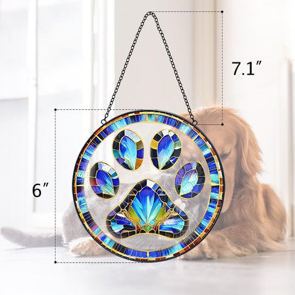 Dog Cat Paw Print Suncatcher Stained Glass Window Hanging - Handmade Stained Glass Panel