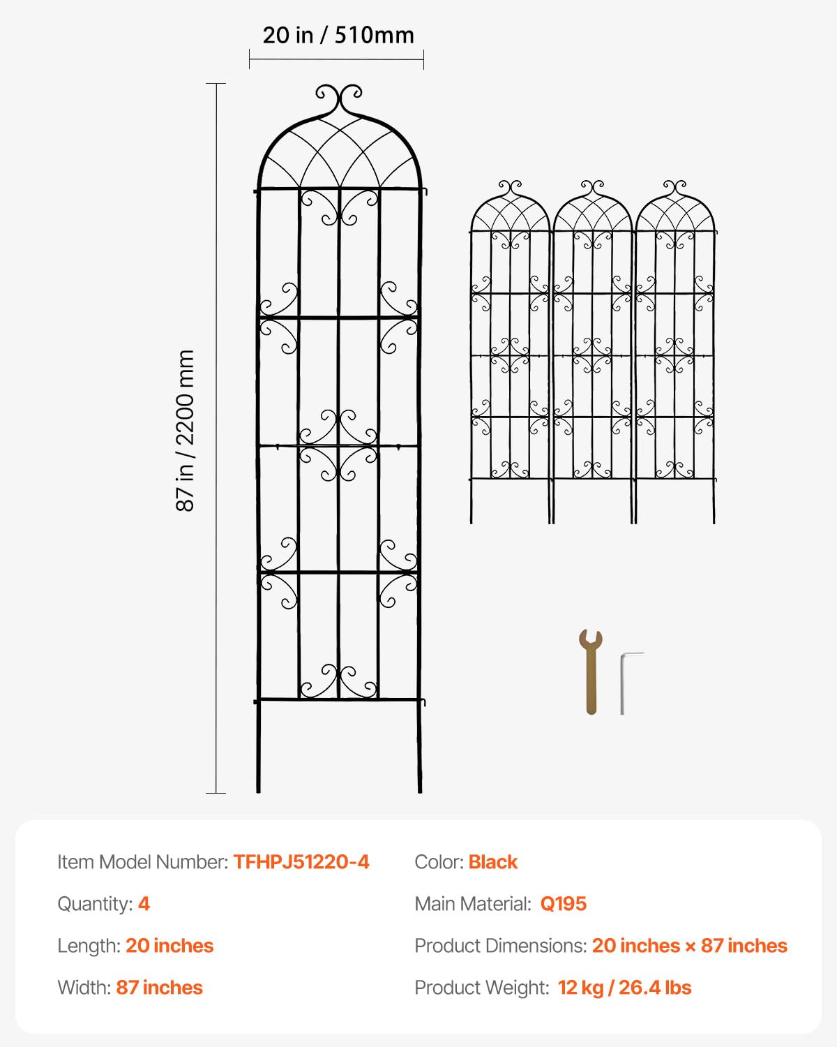 VEVOR Garden Trellis for Climbing Plants, 87 x 20 in, 4 Packs Rustproof Metal Garden Flower Rose