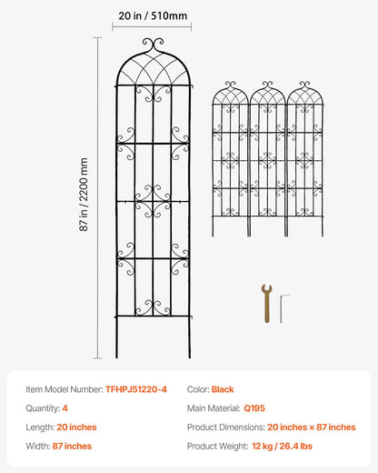 VEVOR Garden Trellis for Climbing Plants, 87 x 20 in, 4 Packs Rustproof Metal Garden Flower Rose