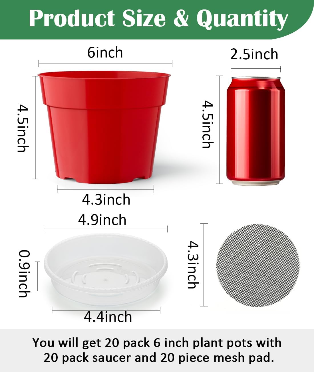 20 Pack 6 Inch Plant Pots, Thickened Plastic Flower Pots with 20 Pcs Water Collecting Trays, 20
