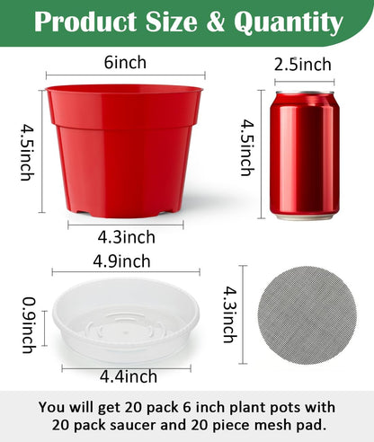 20 Pack 6 Inch Plant Pots, Thickened Plastic Flower Pots with 20 Pcs Water Collecting Trays, 20