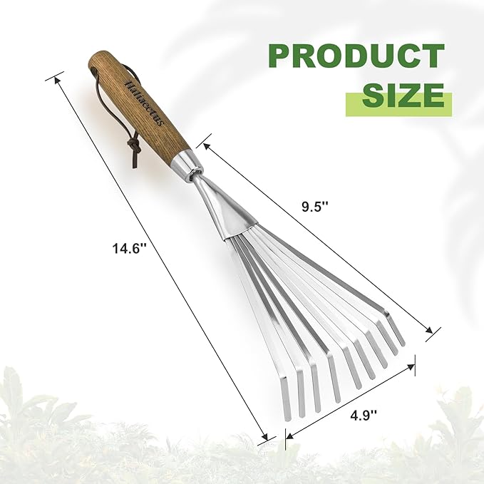 Haliaeetus Garden Hand Rake, 14.6'' Small Rake for Tight Areas, 9 Tines Stainless Steel with