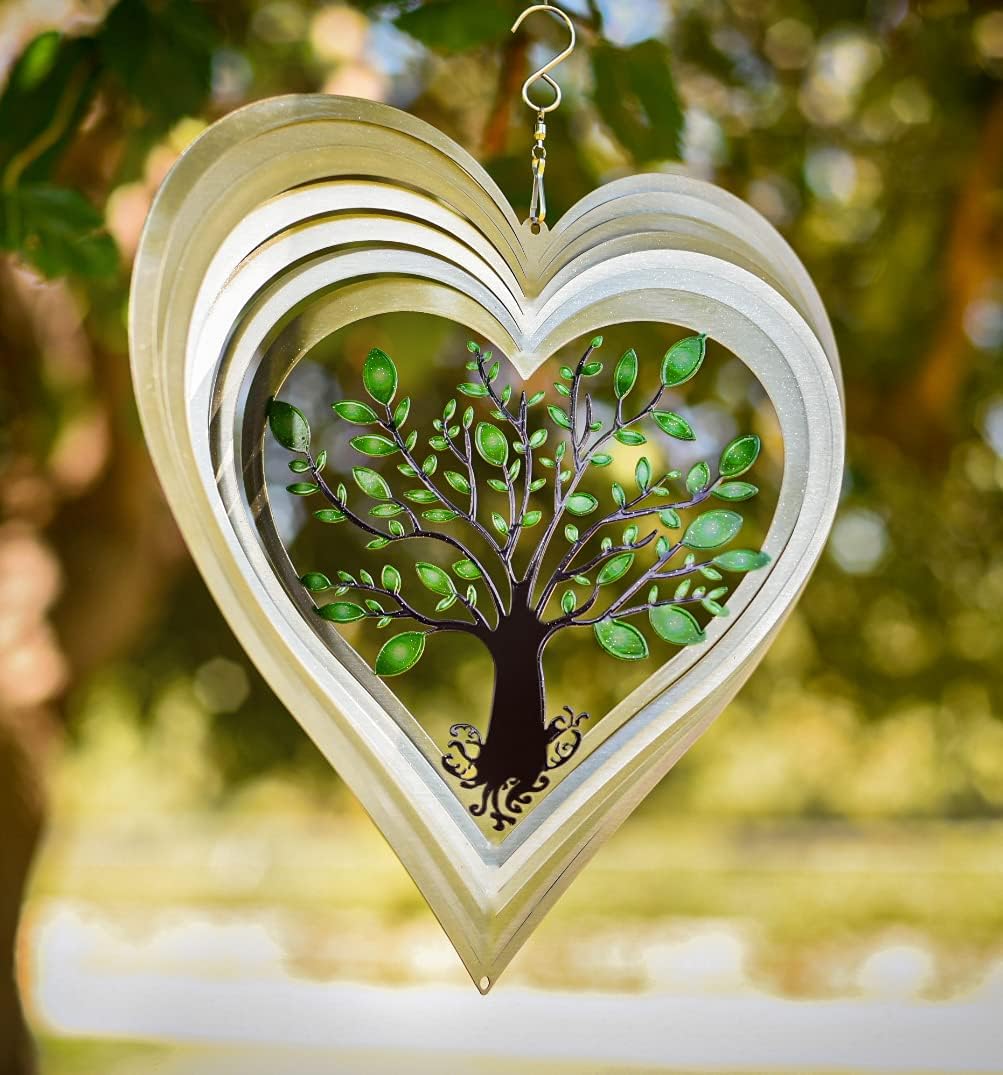 ISEO Silver Heart Wind Spinner for Yard and Garden, Hanging Outdoor Decor, Porch and Patio