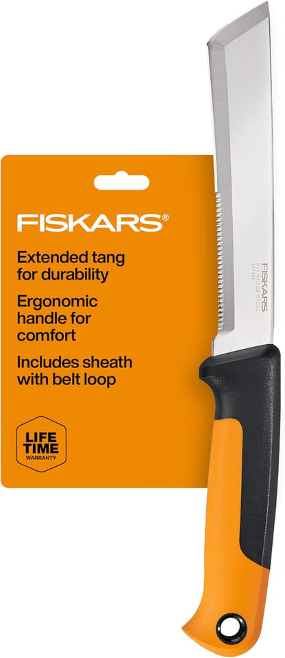 Fiskars Harvesting Knife with Serrated Edge, Gardening Hand Tool with Flat Tip Blade and Sheath