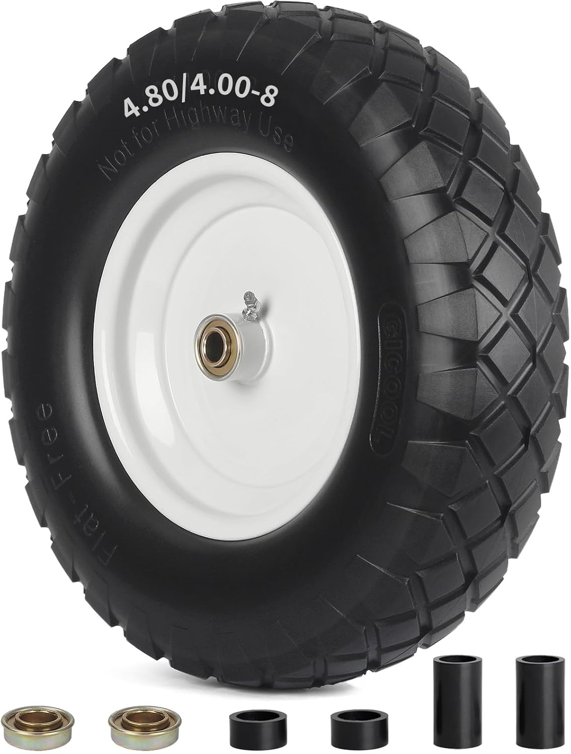4.80/4.00-8" Wheelbarrow Tire, 16" Flat-Free Solid Tire and Wheel, 3-6" Centered Hub, 5/8" & 3/4"