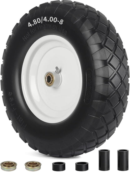 4.80/4.00-8" Wheelbarrow Tire, 16" Flat-Free Solid Tire and Wheel, 3-6" Centered Hub, 5/8" & 3/4"