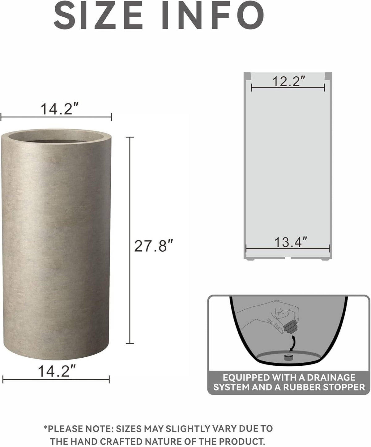 Kante 27.8 Inch Tall Cylindrical Planter, Large Round Plant Pots with Drainage Hole, Made with
