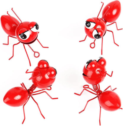 Metal Yard Art Garden Decorative Cute Ant Outdoor Wall Sculptures - Set of 4 Red