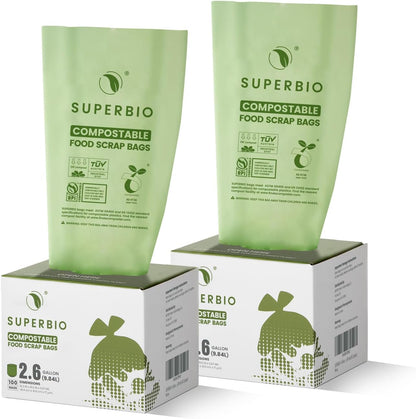 SUPERBIO 2.6 Gallon Flat Top Compostable Food Waste Bags, 100 Count, 2 Pack,9.84L, Food Scrap Bags
