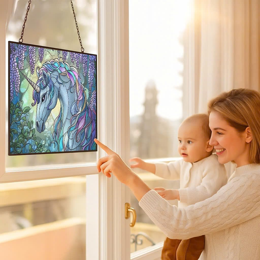 Personalized Rectangle Art Nouveau Wisteria Unicorn Stained Glass Window Hangings Stained Glass
