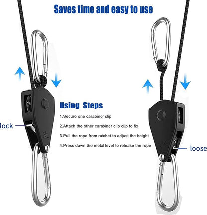 Grow Light Rope Hanger 50Pairs，1/8" 8-Feet Long Heavy Duty Adjustable Rope Clip Hanger, Adjustable