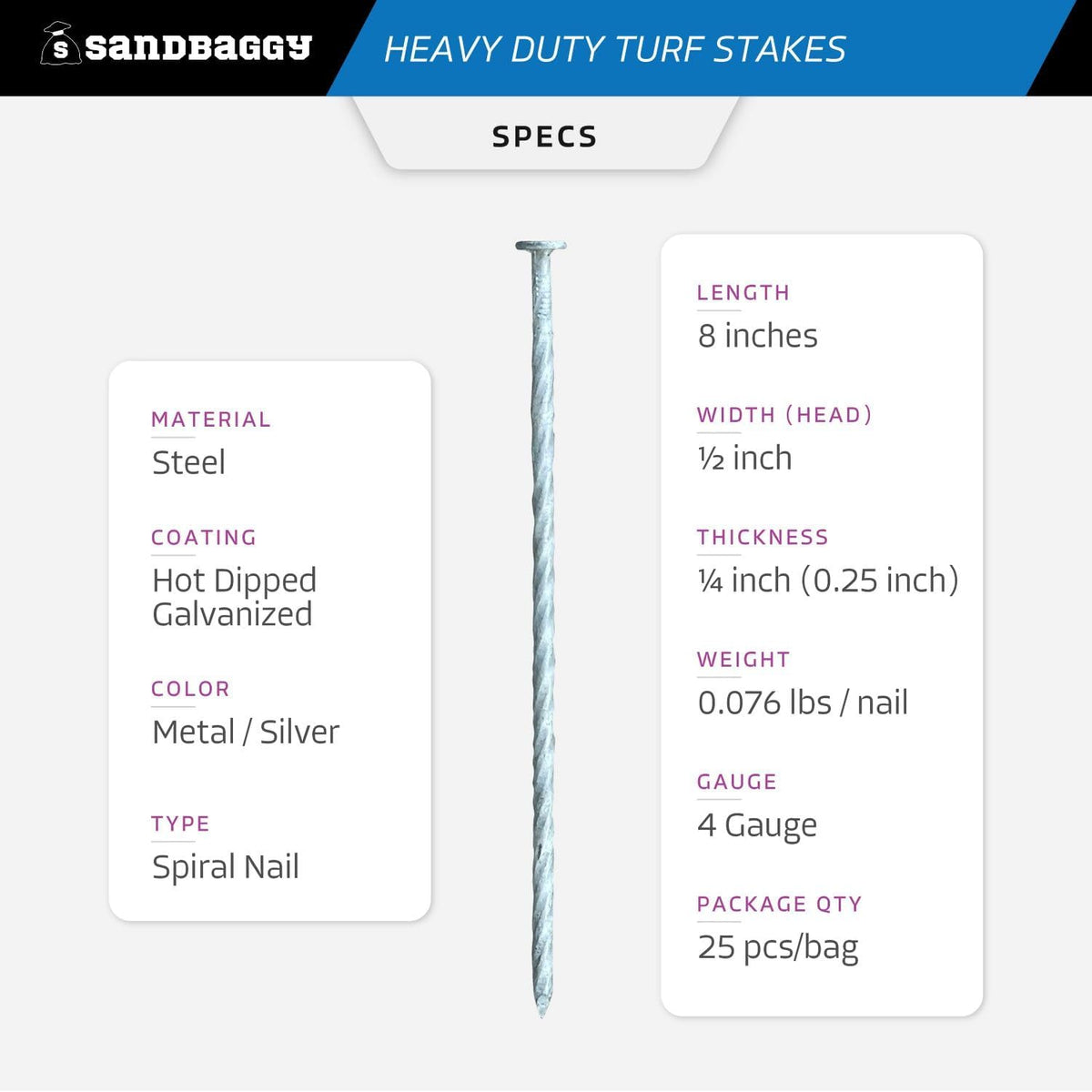 Sandbaggy 8" Heavy Duty Galvanized Artificial Turf Stakes - Spiral Landscape Nails - Ground