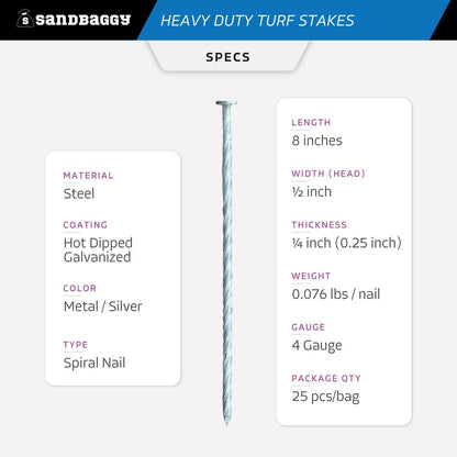 Sandbaggy 8" Heavy Duty Galvanized Artificial Turf Stakes - Spiral Landscape Nails - Ground
