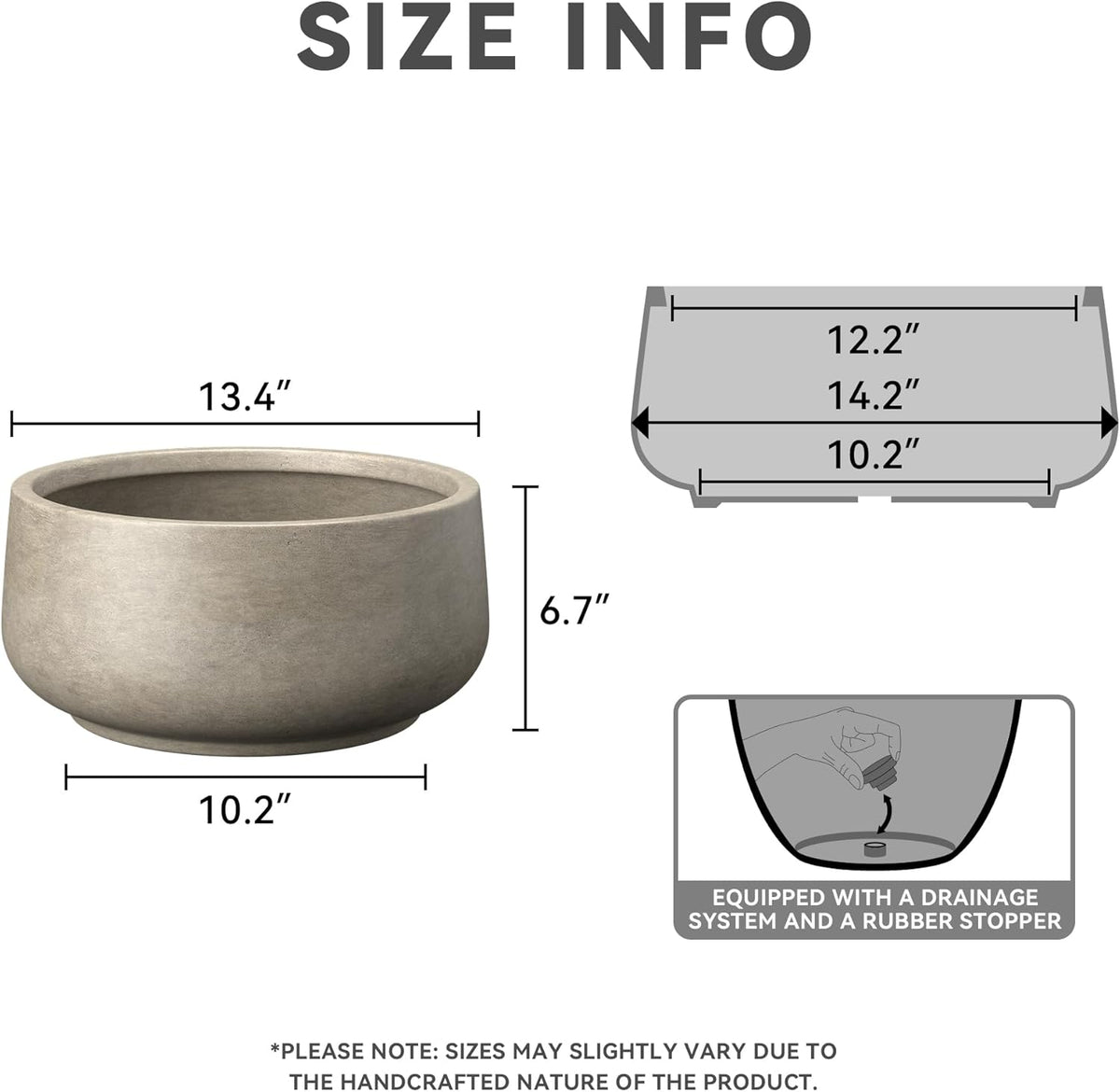 Kante 13.4" Dia Round Curvy Concrete Planter, Large Plant Pots with Drainage Hole and Rubber Plug