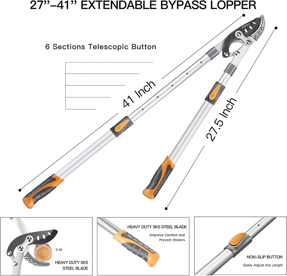 AIRAJ 27-41'' Extendable Anvil Loppers Heavy Duty with Compound Action, Tree Trimmer with 2 Inch