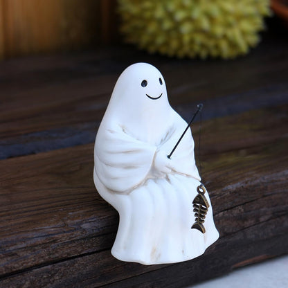 Fishing Ghost Statue Funny Halloween Decorations, 3.35 Inch Cute Sitting Ghost Figurine Shelf