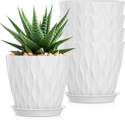 7 Inch Plant Pots 5 Pack, Flower Planters with Drainage Holes and Trays,Plastic Pots for Indoor