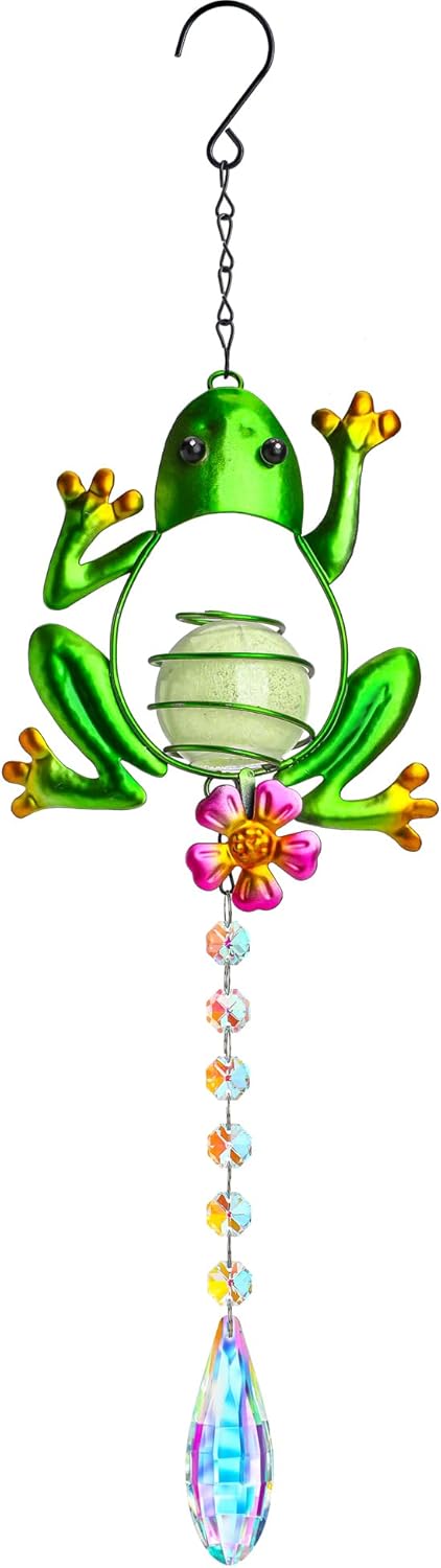 Stained Glass Metal Frog Suncatcher Crystals for Window Ornament - 17" Outdoor Fence Wall Art