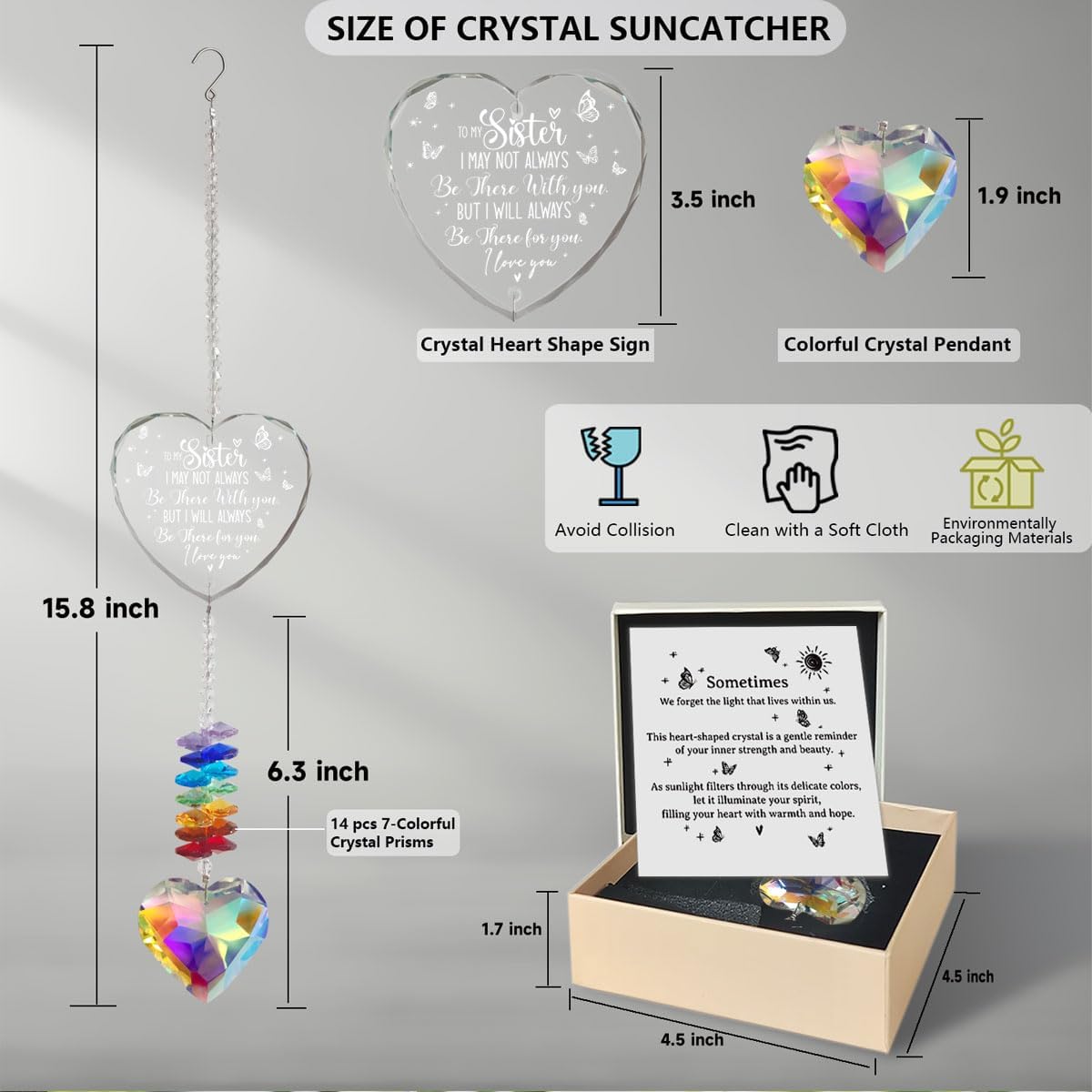 Heart Crystal Suncatcher for Sister - Unique Gifts from Sister, Rainbow Maker Window & Garden