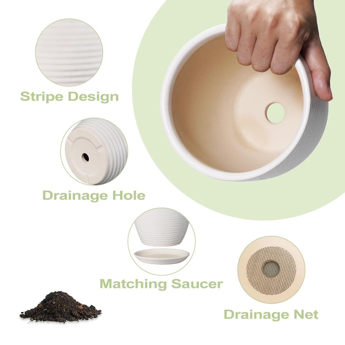 EPFamily Ceramic Pots for Plants - 6 Inch Plant Pot with Drainage Hole and Saucer, Round Planters