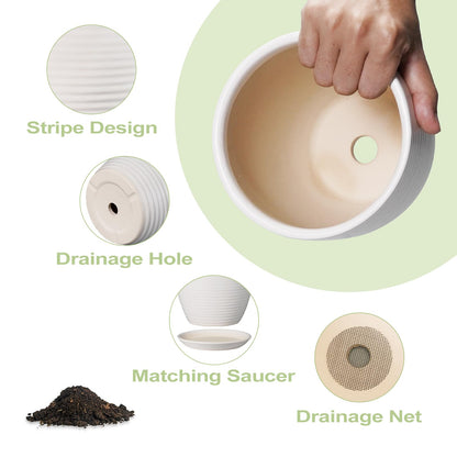 EPFamily Ceramic Pots for Plants - 6 Inch Plant Pot with Drainage Hole and Saucer, Round Planters