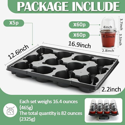 4 Inch 60 Pack Nursery Pots with Humidity Domes & 5 Pack 12 Cell Round Seedling Pot Carrying Trays