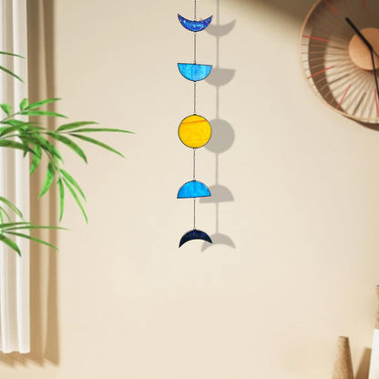 Celestial Blue Stained Glass Sun and Moon Window Hanging Handmade Stained Glass Suncatcher Boho