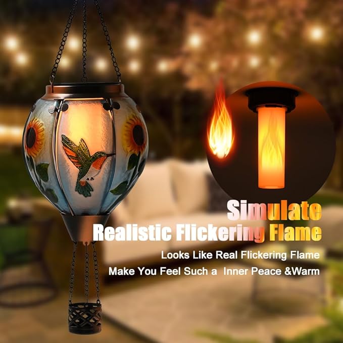 Hot Air Balloon Solar Lantern - Hummingbird Glass Lantern, Simulated Flickering & Dancing Flame