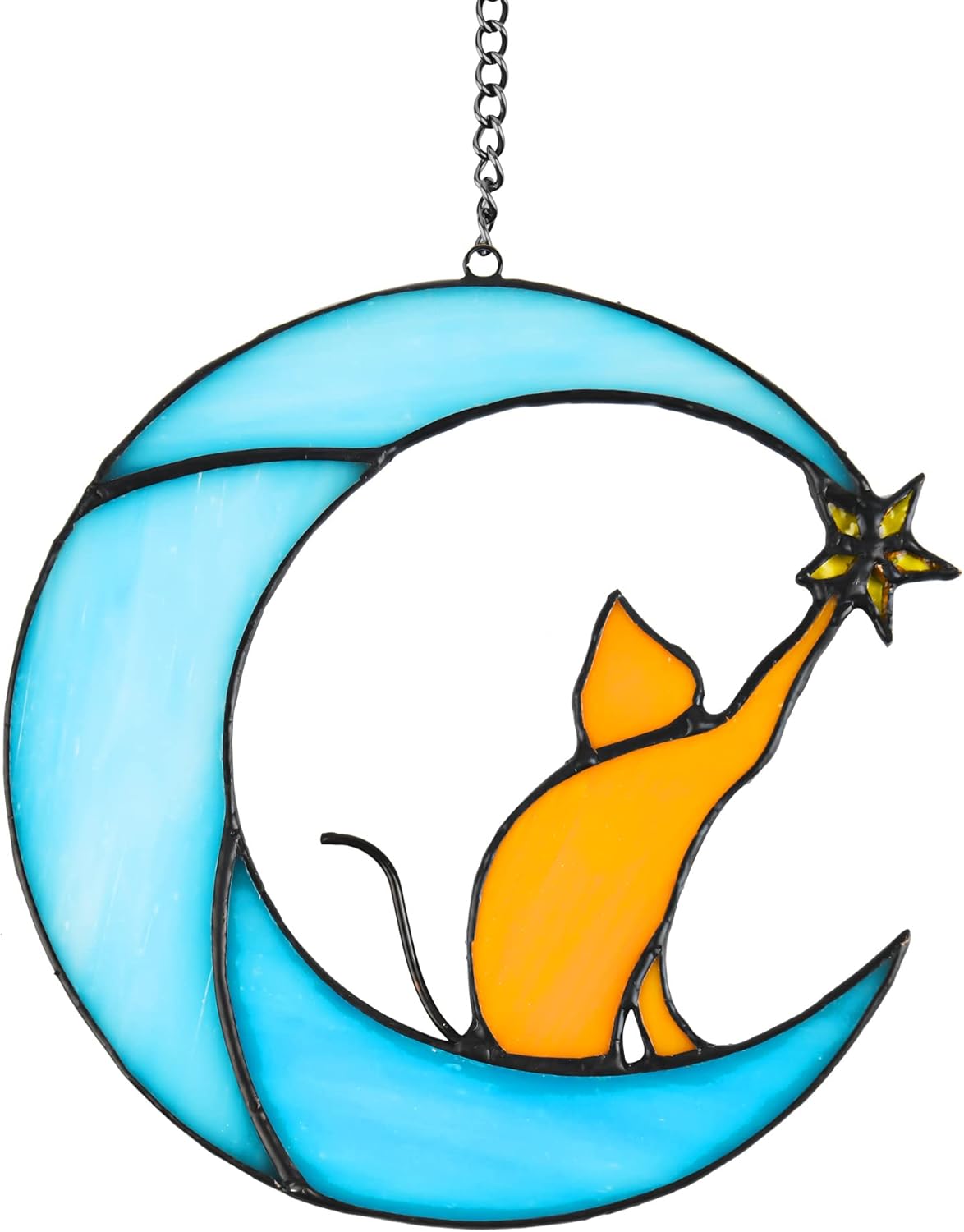 Stained Glass Cat on Moon Pick Star Window Hanging Suncatchers Memorial Gift Decor for Women