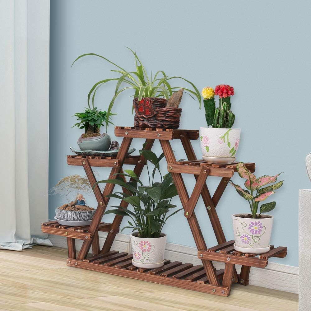 Ufine Wood Plant Stand Triangular Plant Shelf Multi Tier Flower Display Holder Storage Rack 6 Pots