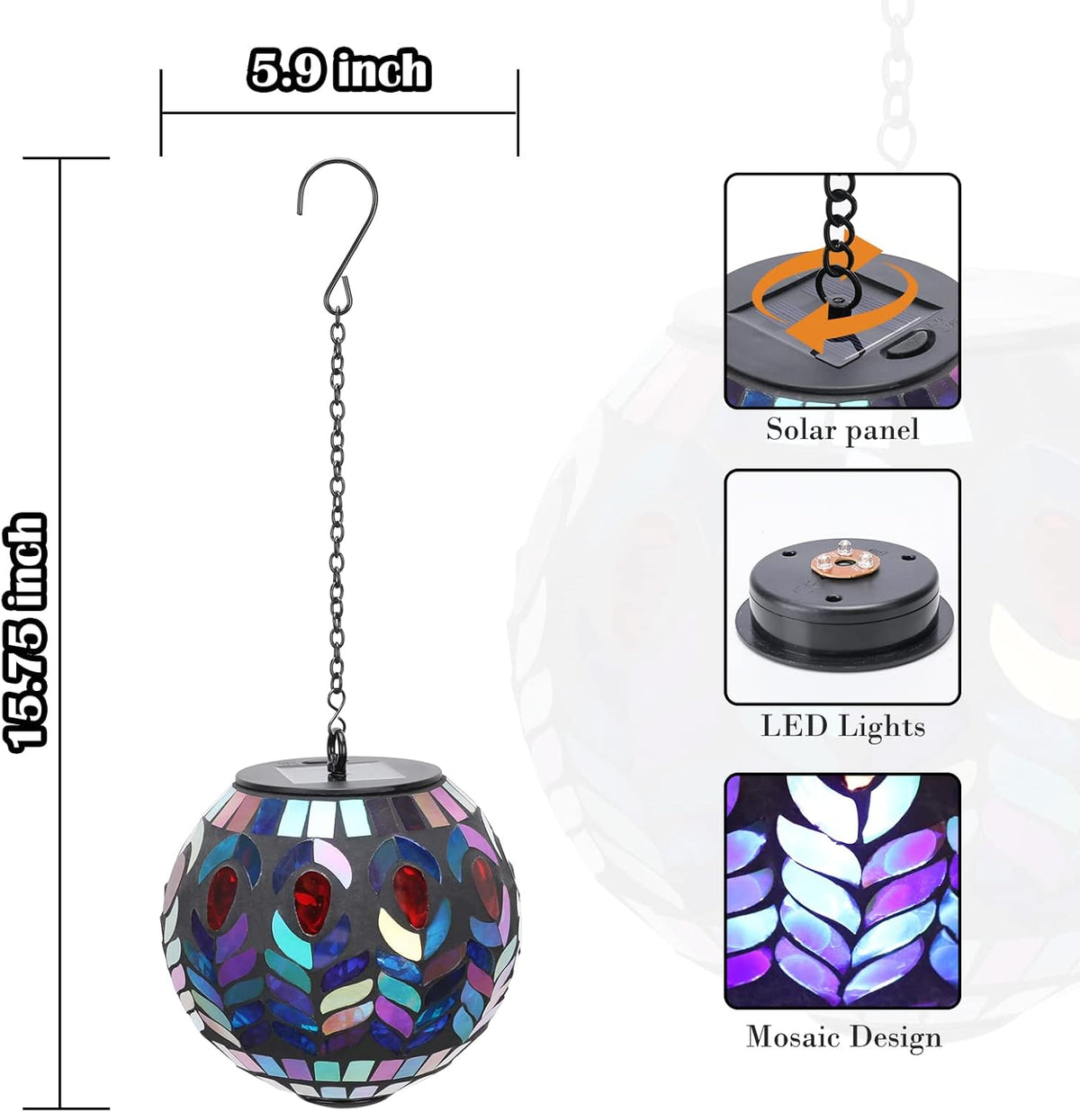 Hanging Solar Lantern Outdoor Waterproof - Solar Gazing Ball Mosaic Outdoor Hanging Lights Hanging
