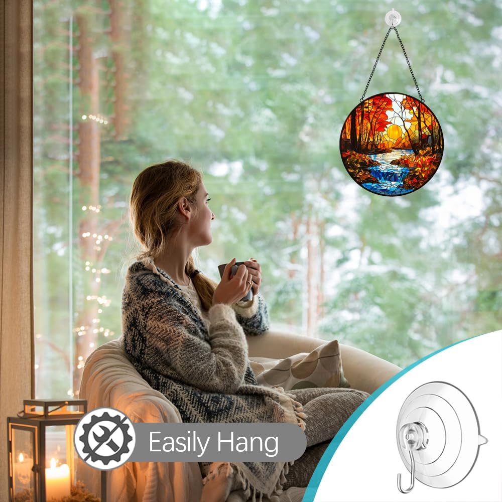 Fall Decor Sunset Suncatcher Stained Glass Window Hanging - Handmade Sun Catchers Indoor Window