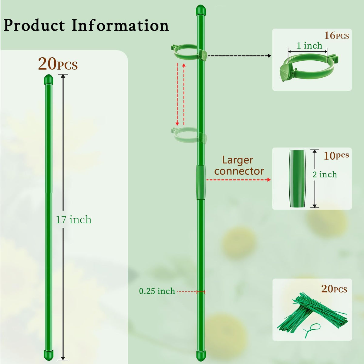 20Pcs Plant Support Stakes 17 inch SupKing Garden Orchid Sticks Extended to 3ft 4ft 5ft Plant Poles