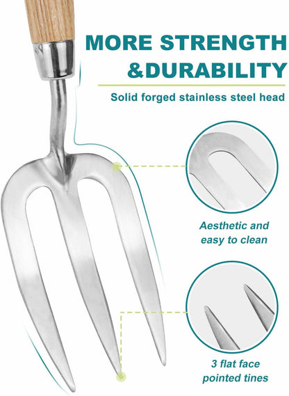 Garden Fork Hand Tool Small Weeding Fork 12 Inch with 3 Pointed Tines Wood Handle for Gardening