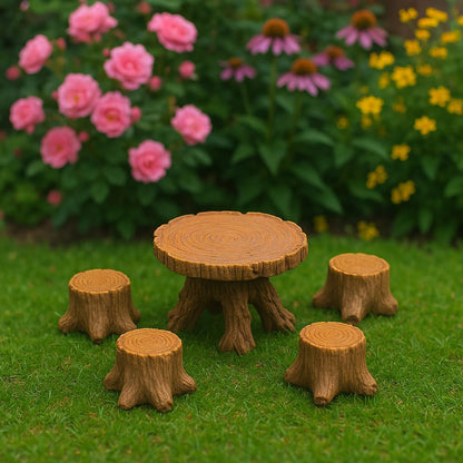 Miniature Tree Stump Garden Furniture Set, Brown Resin, Fairy Garden Decor, Indoor Outdoor