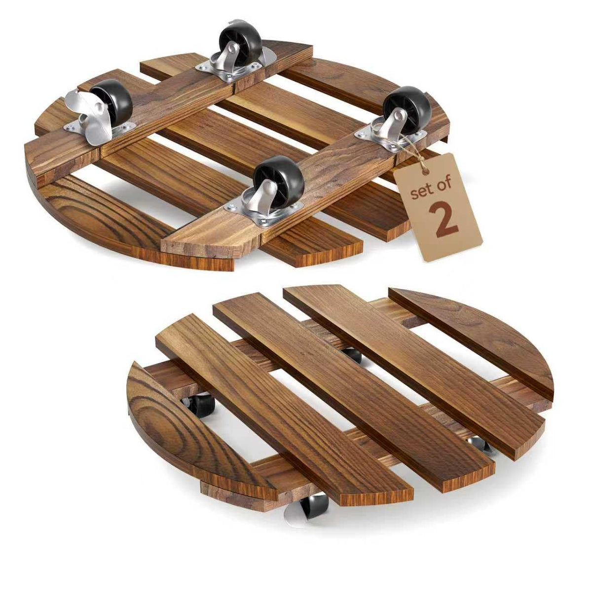 2 Pack 12 IN Wood Plant Caddy, 360 Lock Wheels Indoor Outdoor Heavy Stand