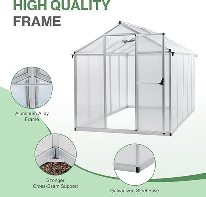 Aoodor 6 x 10 Ft Walk-in Greenhouse with Gutter, Polycarbonate and Heavy-Duty Aluminum Frame