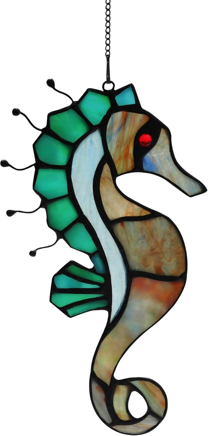 Seahorse Decor Stained Glass Window Hanging,Sea Nautical Gift Suncatcher Hanging Ocean Theme Decor