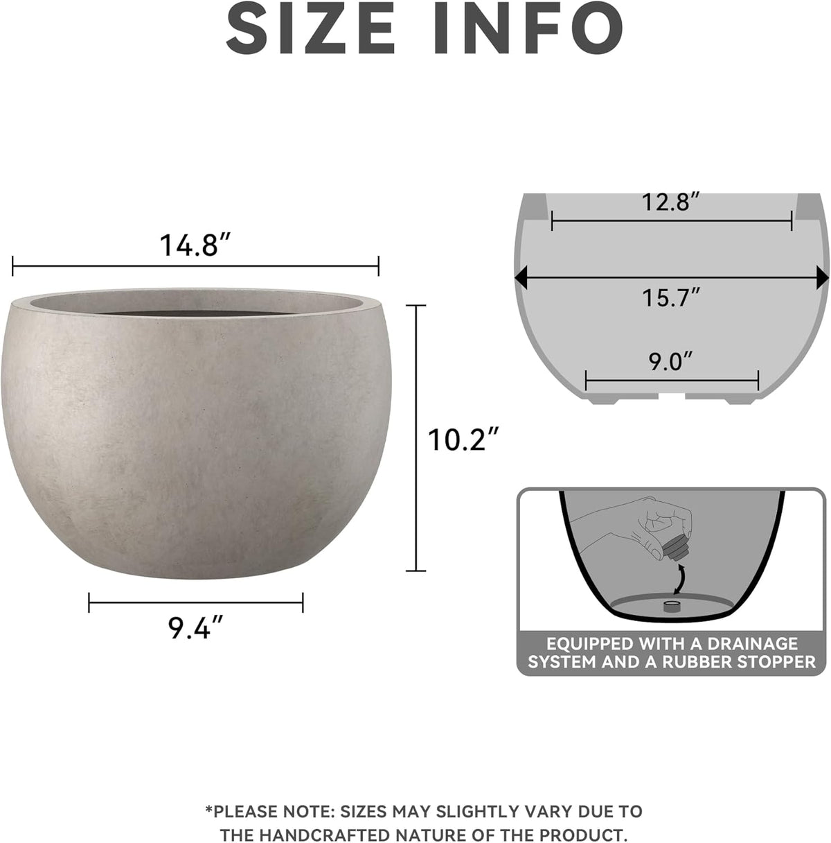 Kante 15.7" Dia Round Concrete Planter, Outdoor/Indoor Large Bowl Plant Pots with Drainage Hole and