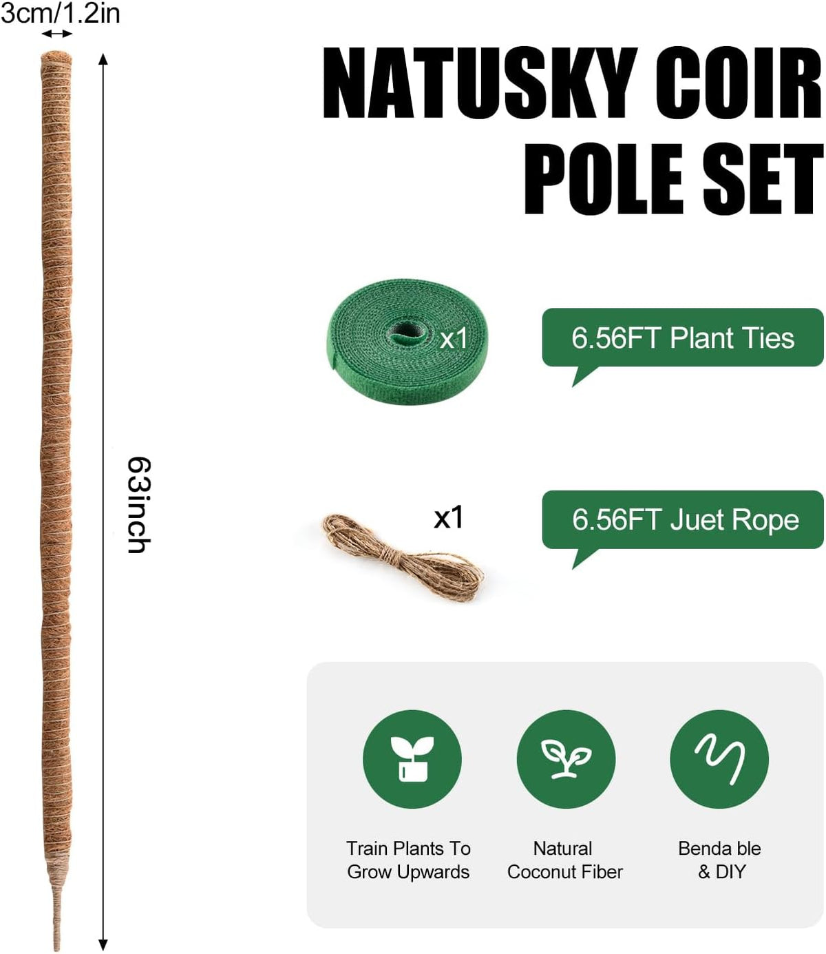 Moss Pole, 63 Inch Bendable Moss Pole for Plants Monstera, Moss Poles for Climbing Plants, Handmade
