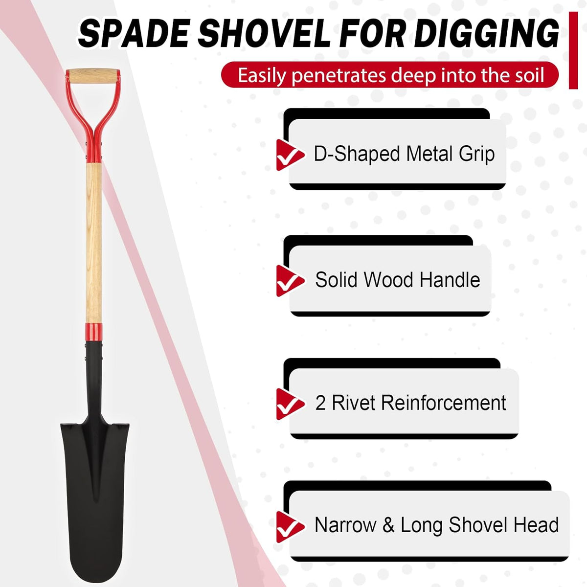 Nohovu Spade Shovel for Digging, Heavy Duty Shovel with D-Handle, Trench Shovel for Gardening, 45