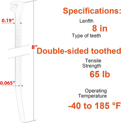 8 Inch Zip Ties Double Sided Toothed (Bulk 2X1000 Pack Black),65lbs Tensile Strength Heavy Duty