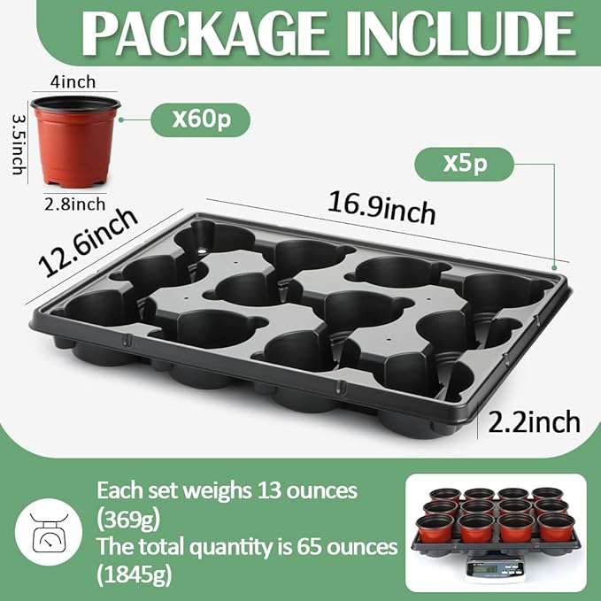 4 inch Round Nursery Pots 60pcs, 12 Cell Nursery Pots Trays 5 Pcs, Sturdy Seeds Starting