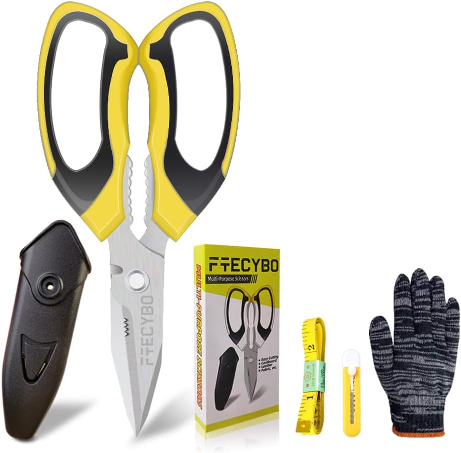 Heavy Duty 8'' Multipurpose Scissors with Protective Cover, Stainless Steel Serrated Blades, Easy