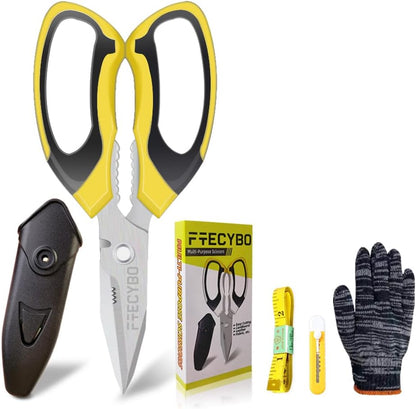 Heavy Duty 8'' Multipurpose Scissors with Protective Cover, Stainless Steel Serrated Blades, Easy