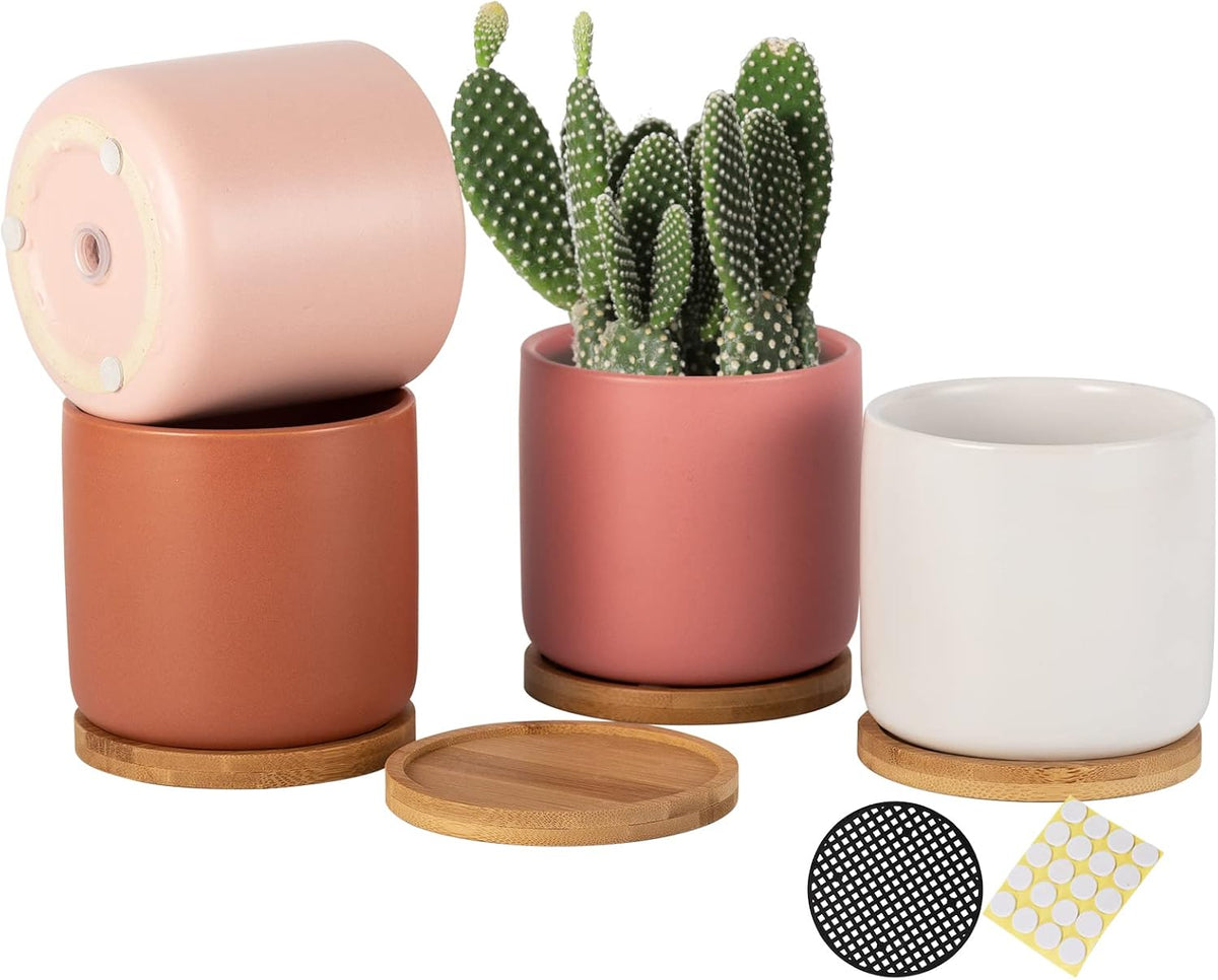 OMAYKEY 4 Inch Ceramic Plant Pot with Saucer, Multicolor Planters Pots with Drainage Hole and Mesh