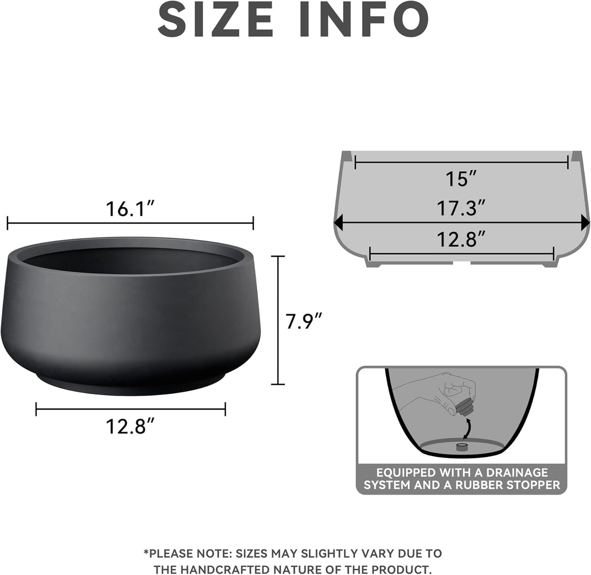 Kante 16.1" Dia Round Curvy Concrete Planter, Large Plant Pots with Drainage Hole and Rubber Plug