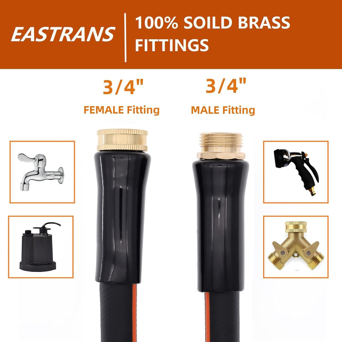 EASTRANS Short Garden Hose 5 ft x 5/8", Heavy Duty Black Orange Water Hose with 3/4" Solid Brass