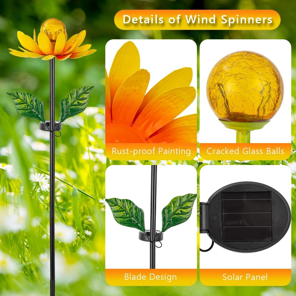 Solar Flowers Wind Spinners Outdoor,Sunflower Windmill for Yard Art Decor Lights Wind Pinwheels