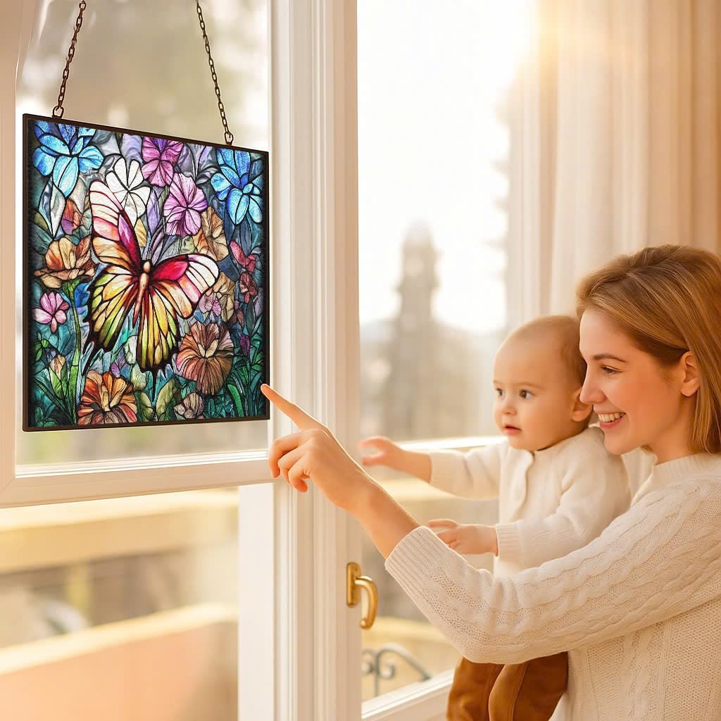 Rectangle Butterfly Suncatchers for Windows, Stained Glass Window Hangings,Hand-Painted Glass Panel